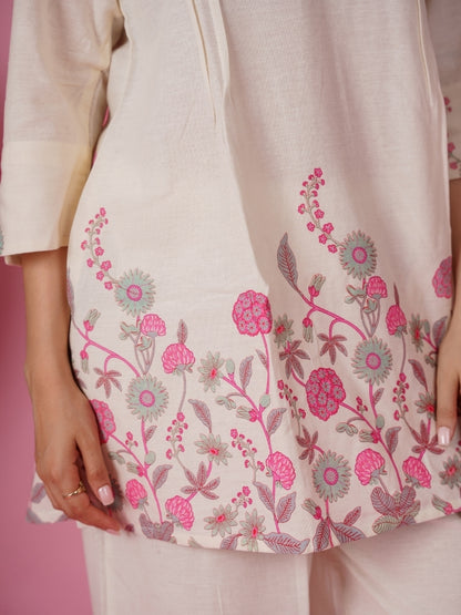 Ekisha's women white pink floral printed cotton co-ord set lounge wear, detailed view