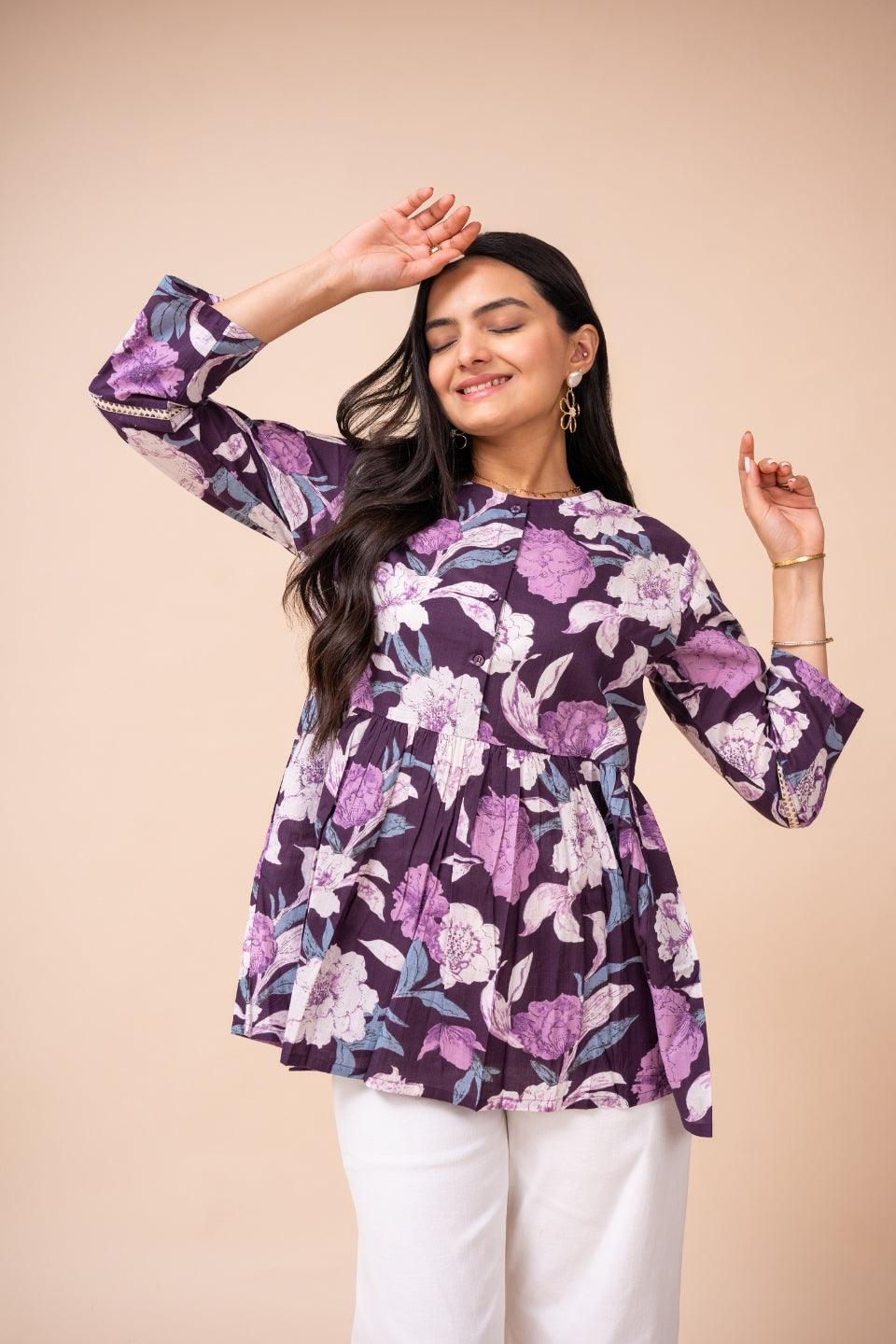 Ekisha's women dark purple floral printed cotton tunic top short kurti - Ekisha