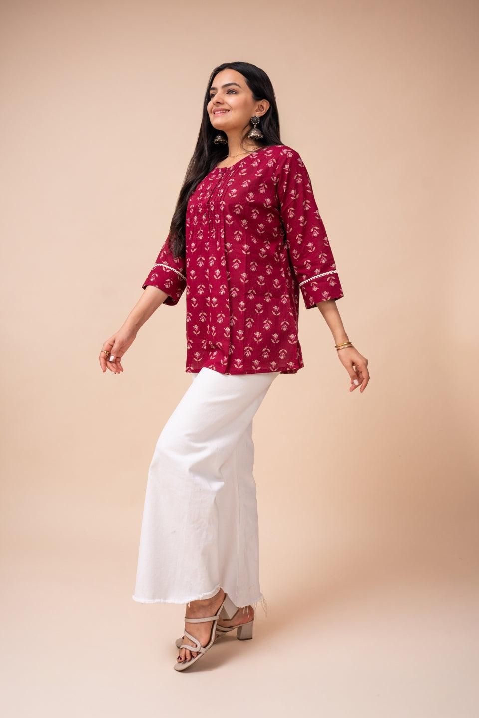 Ekisha's women dark pink floral modern printed cotton tunic top short kurti - Ekisha