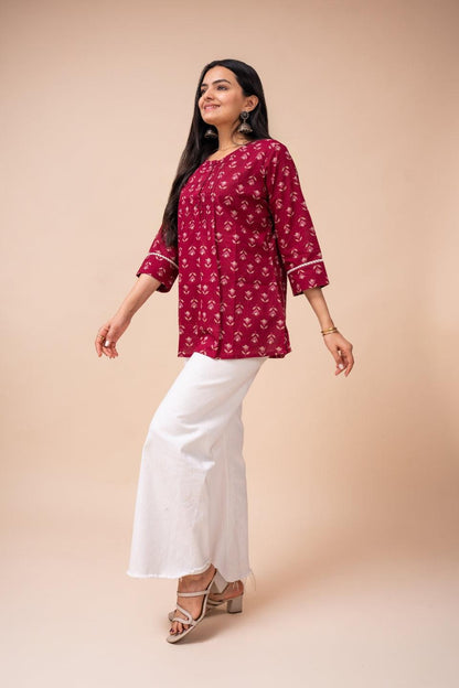 Ekisha's women dark pink floral modern printed cotton tunic top short kurti - Ekisha