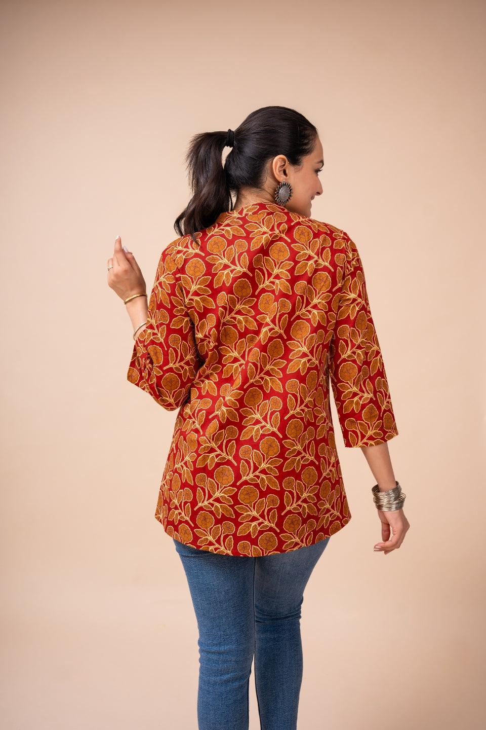 Ekisha's women maroon floral multicolor designer printed cotton tunic top short kurti - Ekisha