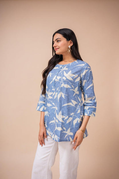 Ekisha's women blue white floral designer printed cotton tunic top short kurti - Ekisha