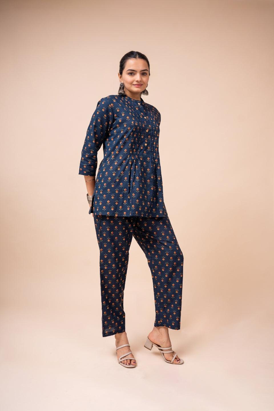 Ekisha's women navy blue multicolor floral printed cotton co-ord set lounge wear - Ekisha
