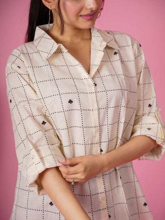 Ekisha women cotton white checks printed relaxed fit shirt, detailed view