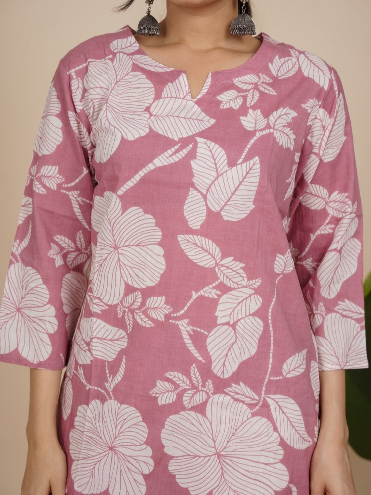 Ekisha's women light pink floral printed cotton co-ord set lounge wear, detailed view