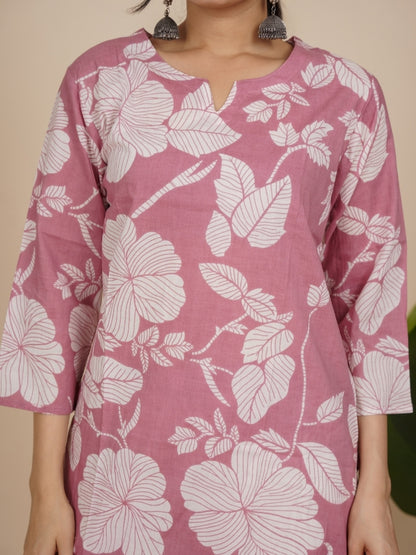 Ekisha's women light pink floral printed cotton co-ord set lounge wear, detailed view