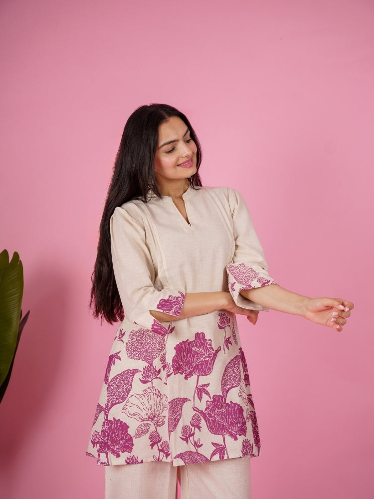 Ekisha's women white wine panel floral printed cotton co-ord set lounge wear, front view 3
