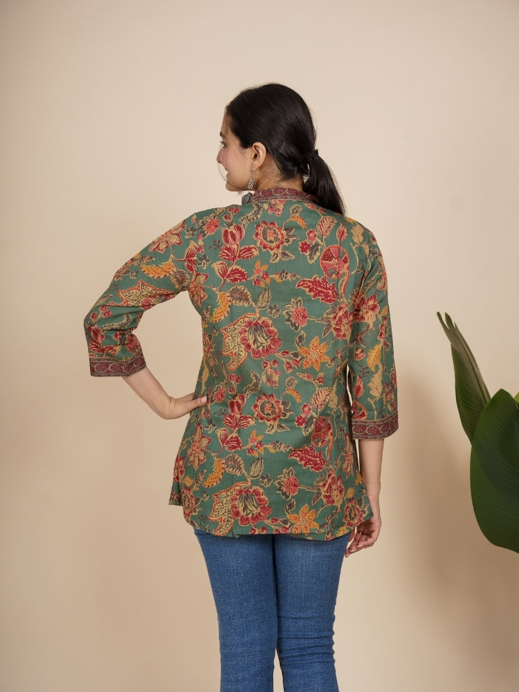 Ekisha's women green designer lace printed cotton tunic top short kurti, back view