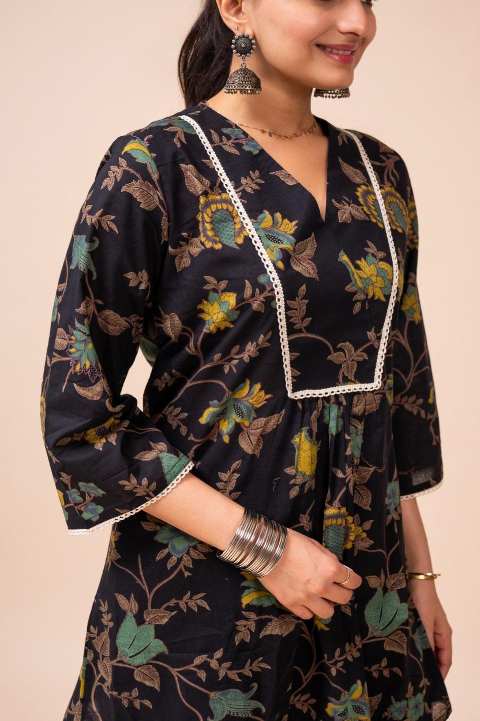 Ekisha's women black multicolor floral printed cotton co-ord set lounge wear - Ekisha