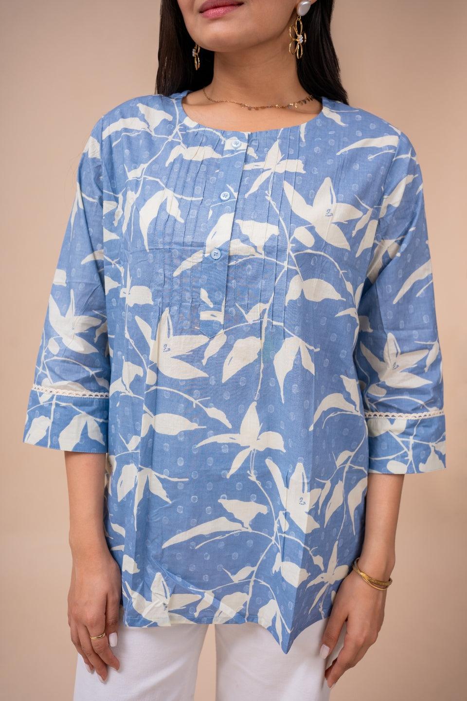 Ekisha's women blue white floral designer printed cotton tunic top short kurti - Ekisha