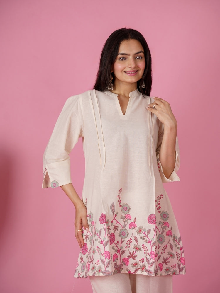 Ekisha's women white pink floral printed cotton co-ord set lounge wear, detailed view 2