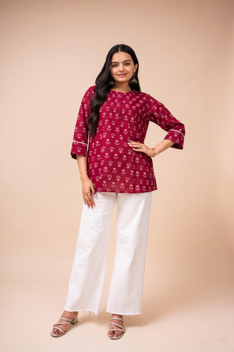Ekisha's women dark pink floral modern printed cotton tunic top short kurti - Ekisha