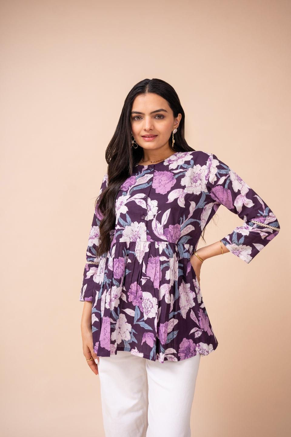 Ekisha's women dark purple floral printed cotton tunic top short kurti - Ekisha