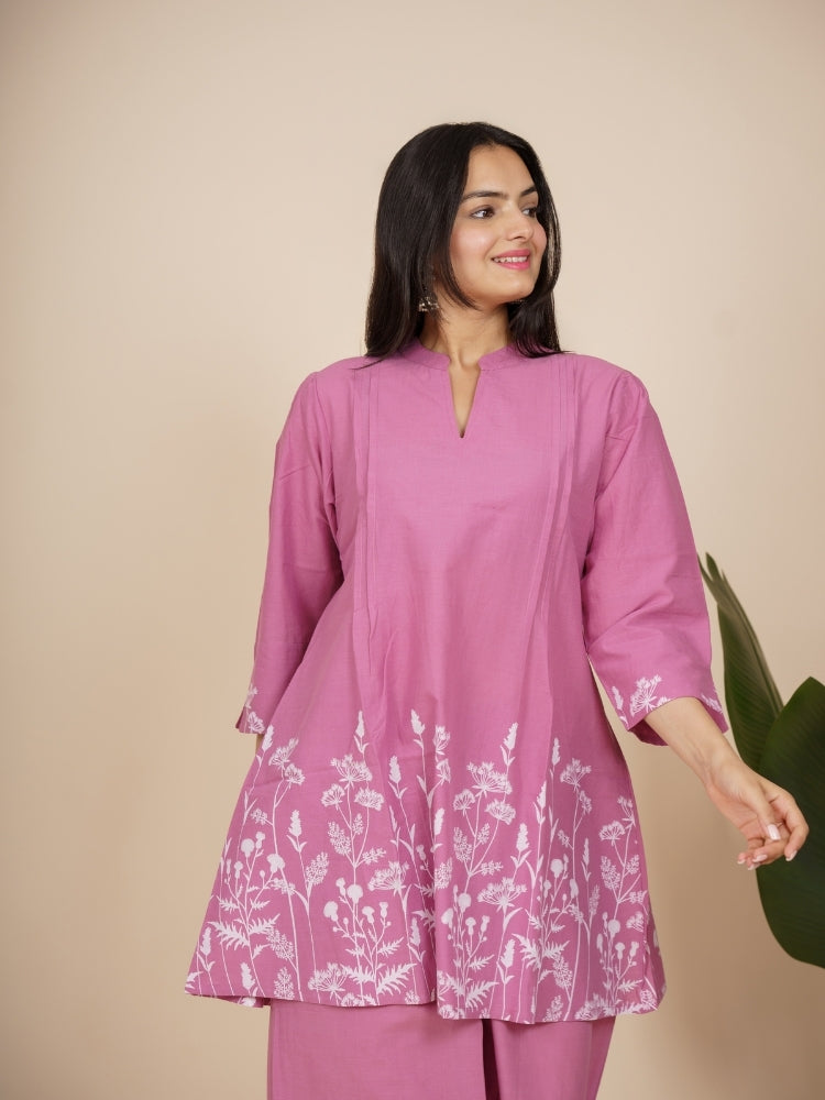 Ekisha's women pink panel floral printed cotton co-ord set lounge wear, front view