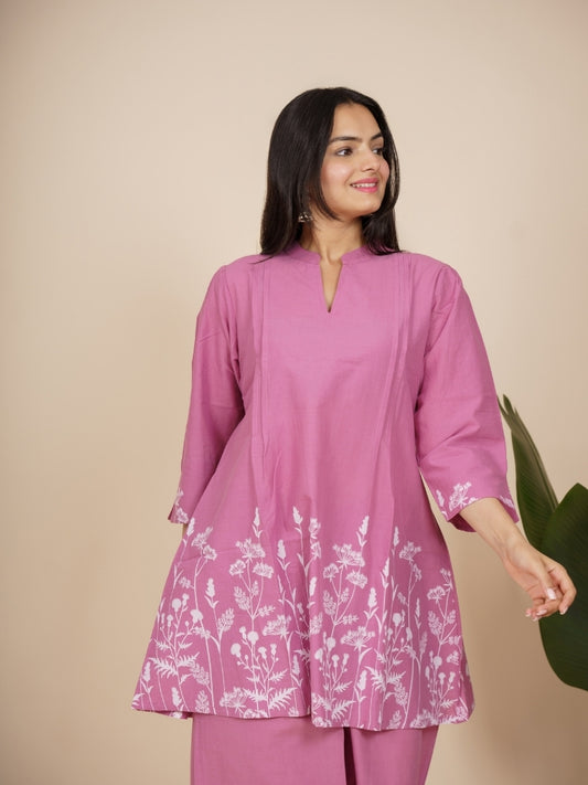 Ekisha's women pink panel floral printed cotton co-ord set lounge wear, front view