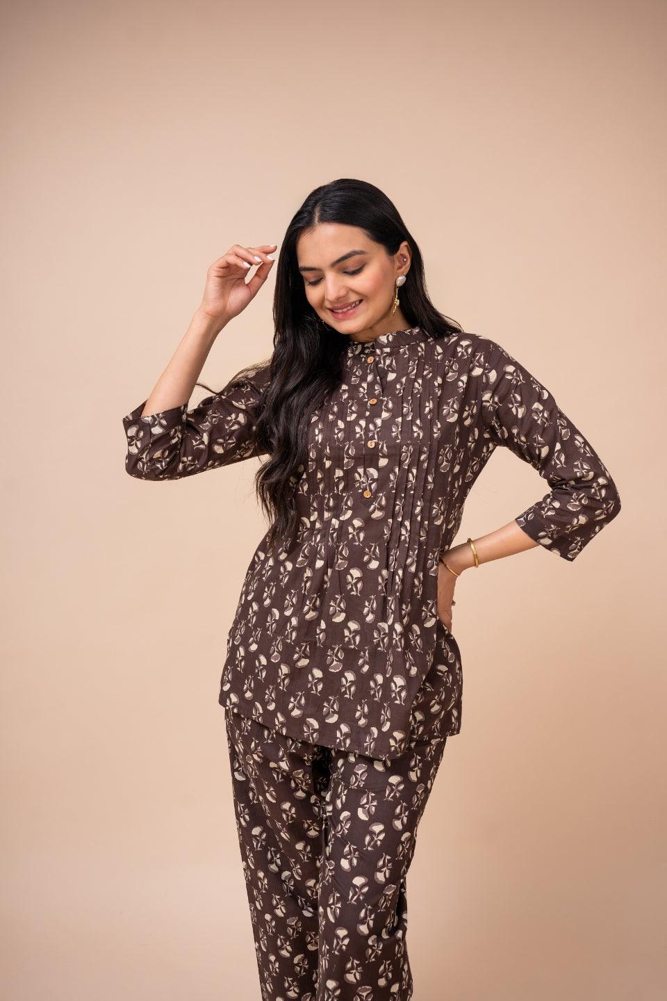 Ekisha's women brown multicolor floral printed cotton co-ord set lounge wear - Ekisha