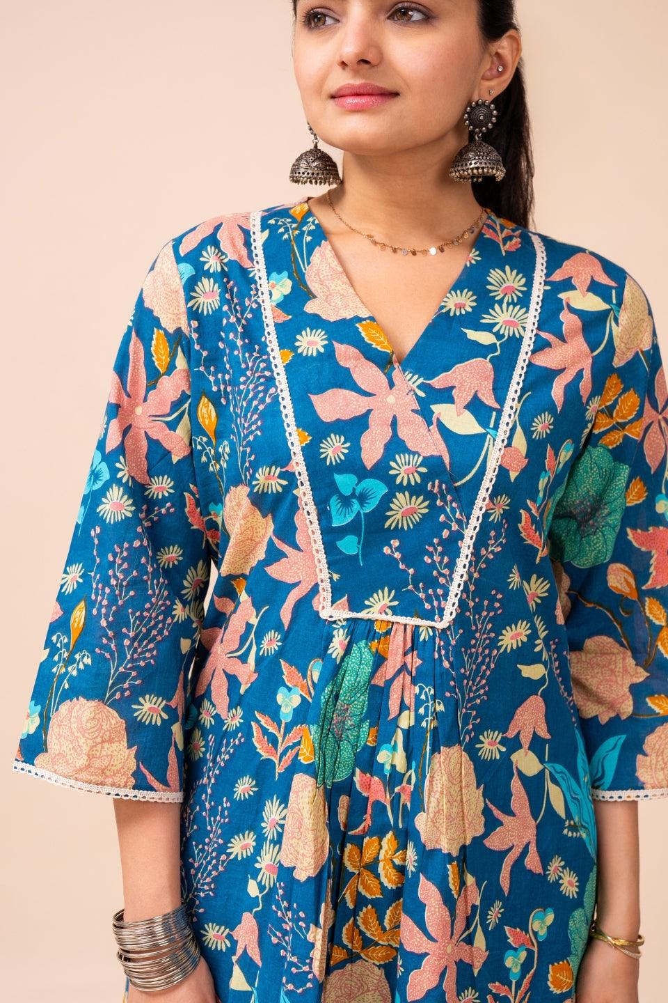 Ekisha's women blue multicolor floral printed cotton co-ord set lounge wear - Ekisha