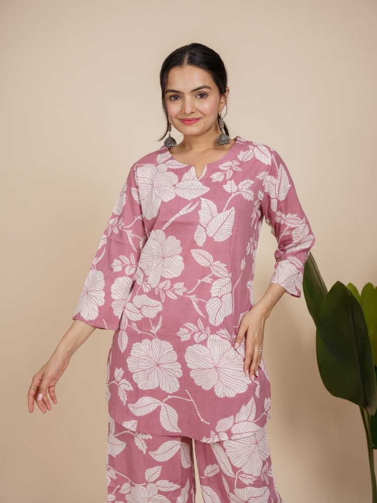 Ekisha's women light pink floral printed cotton co-ord set lounge wear, front view 2