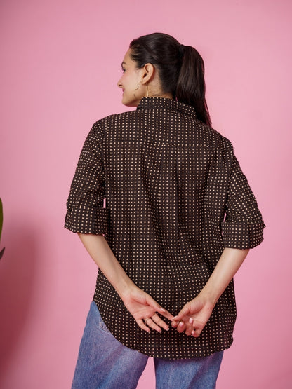 Ekisha Women cotton black dots printed relaxed fit shirt, back view