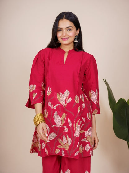 Ekisha's women dark red multicolor floral printed cotton co-ord set lounge wear, front view 2