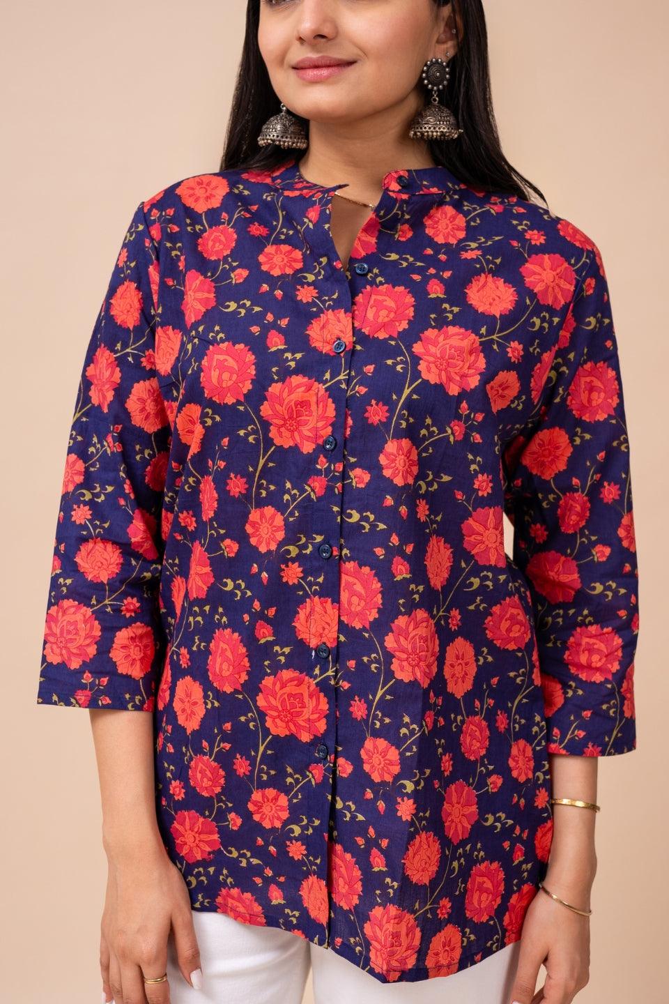 Ekisha's women blue multicolor floral designer printed cotton tunic top short kurti - Ekisha