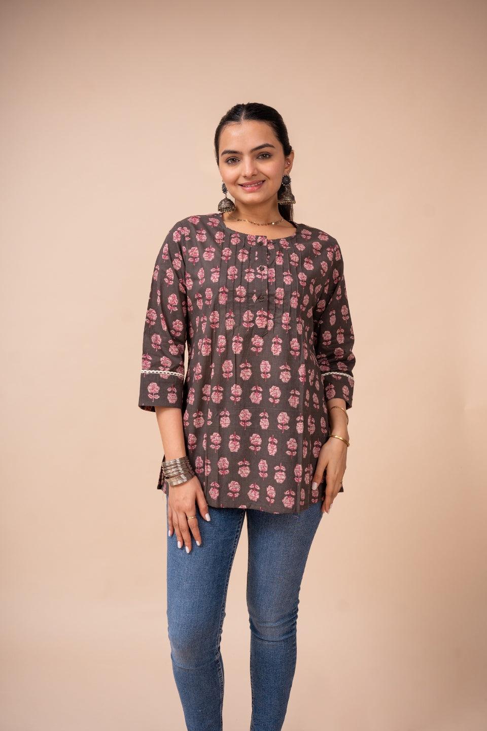 Ekisha's women multicolor floral designer printed cotton tunic top short kurti - Ekisha