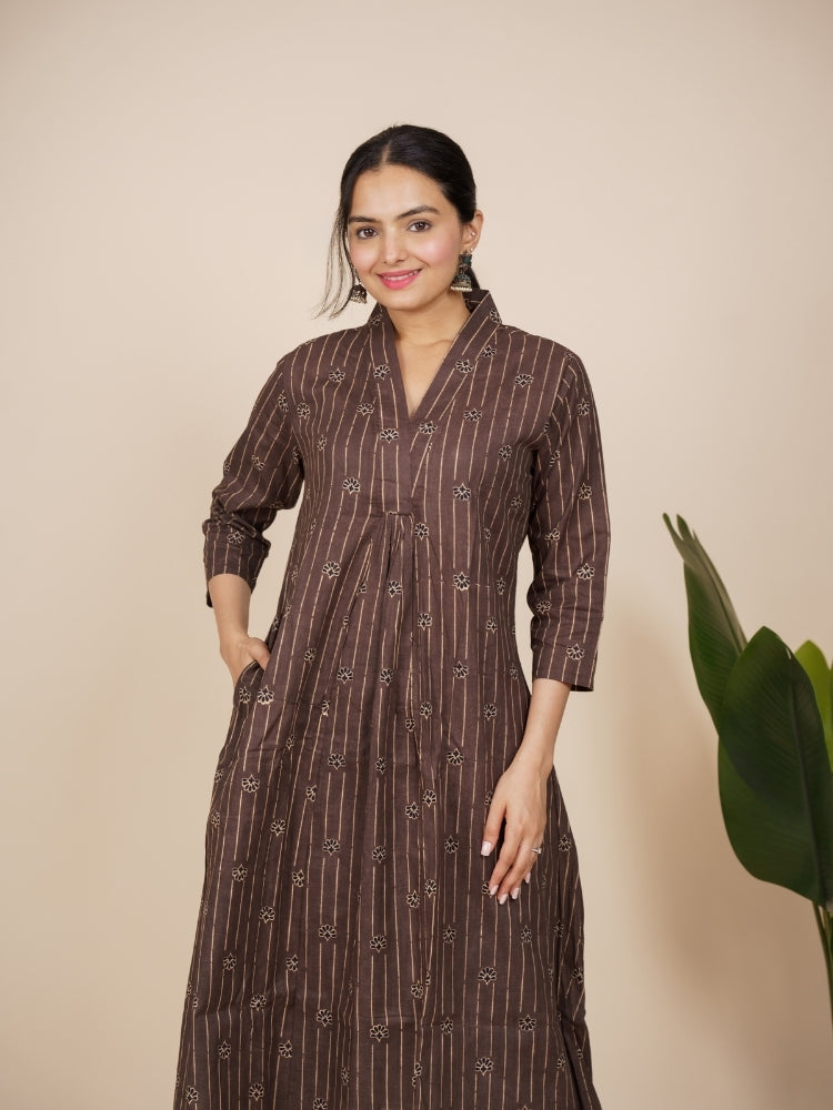 Ekisha's women brown designer floral printed cotton co-ord set lounge wear, front view 2