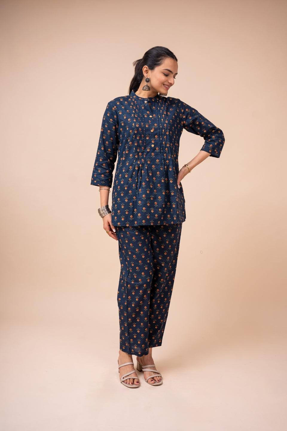 Ekisha's women navy blue multicolor floral printed cotton co-ord set lounge wear - Ekisha