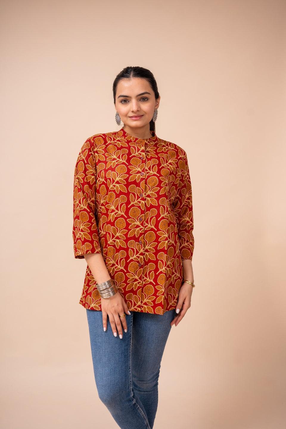 Ekisha's women maroon floral multicolor designer printed cotton tunic top short kurti - Ekisha