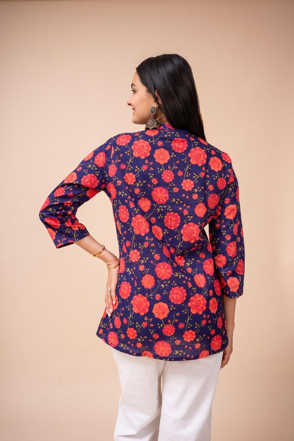 Ekisha's women blue multicolor floral designer printed cotton tunic top short kurti - Ekisha