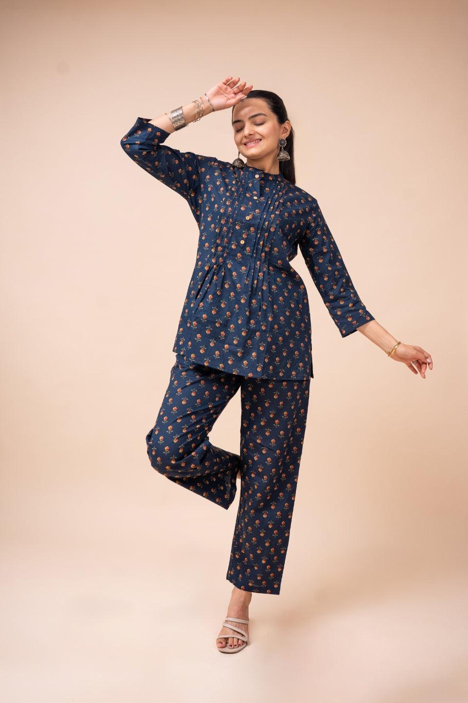 Ekisha's women navy blue multicolor floral printed cotton co-ord set lounge wear - Ekisha