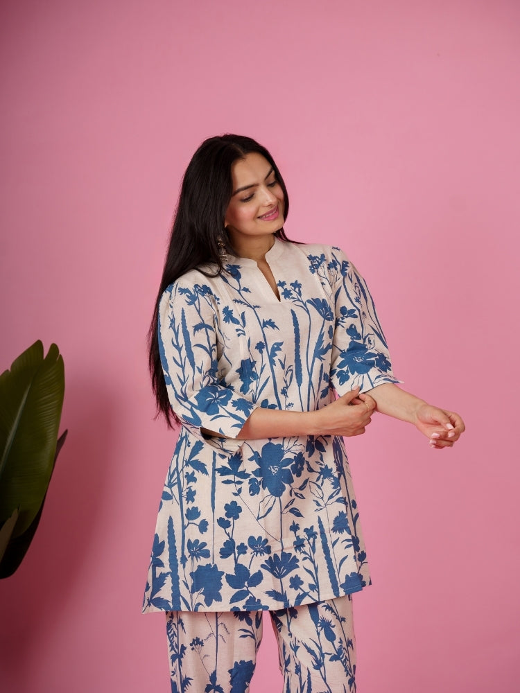 Ekisha's women white blue floral designer printed cotton co-ord set lounge wear, front view