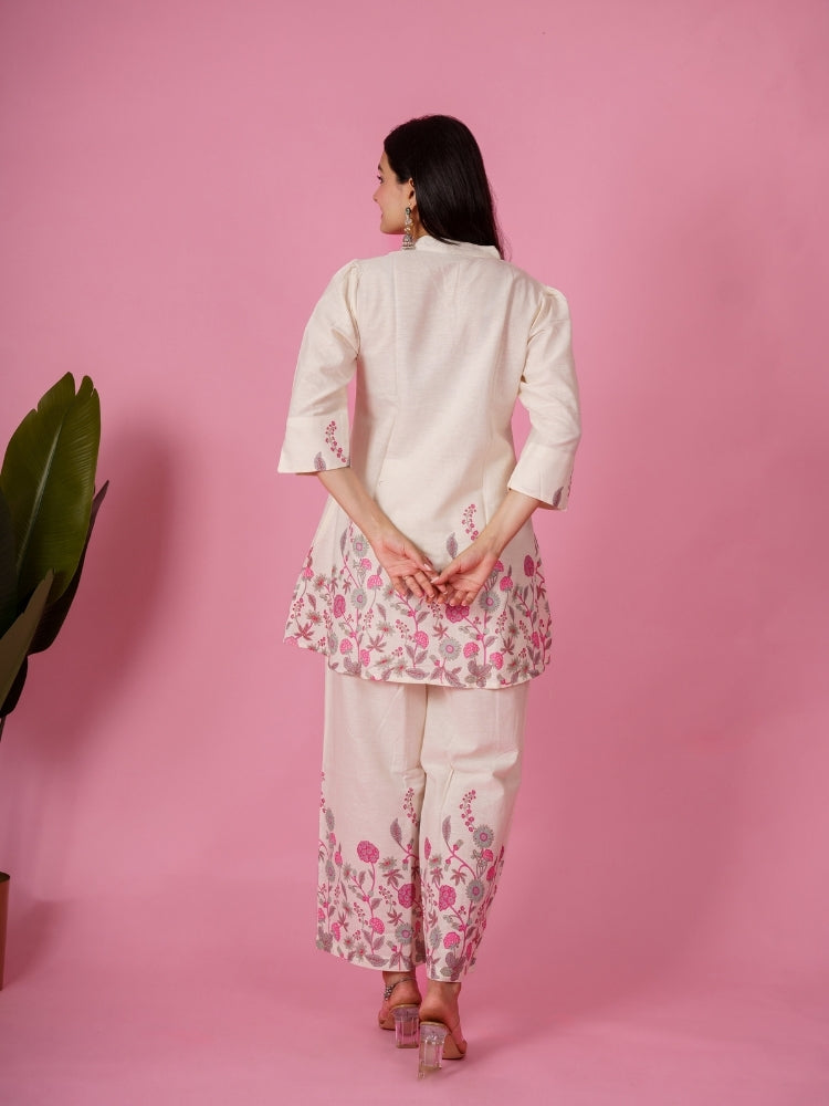 Ekisha's women white pink floral printed cotton co-ord set lounge wear, back view