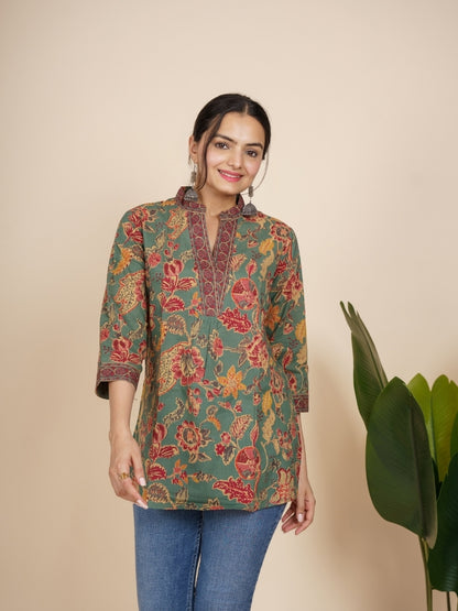 Ekisha's women green designer lace printed cotton tunic top short kurti, front view 2