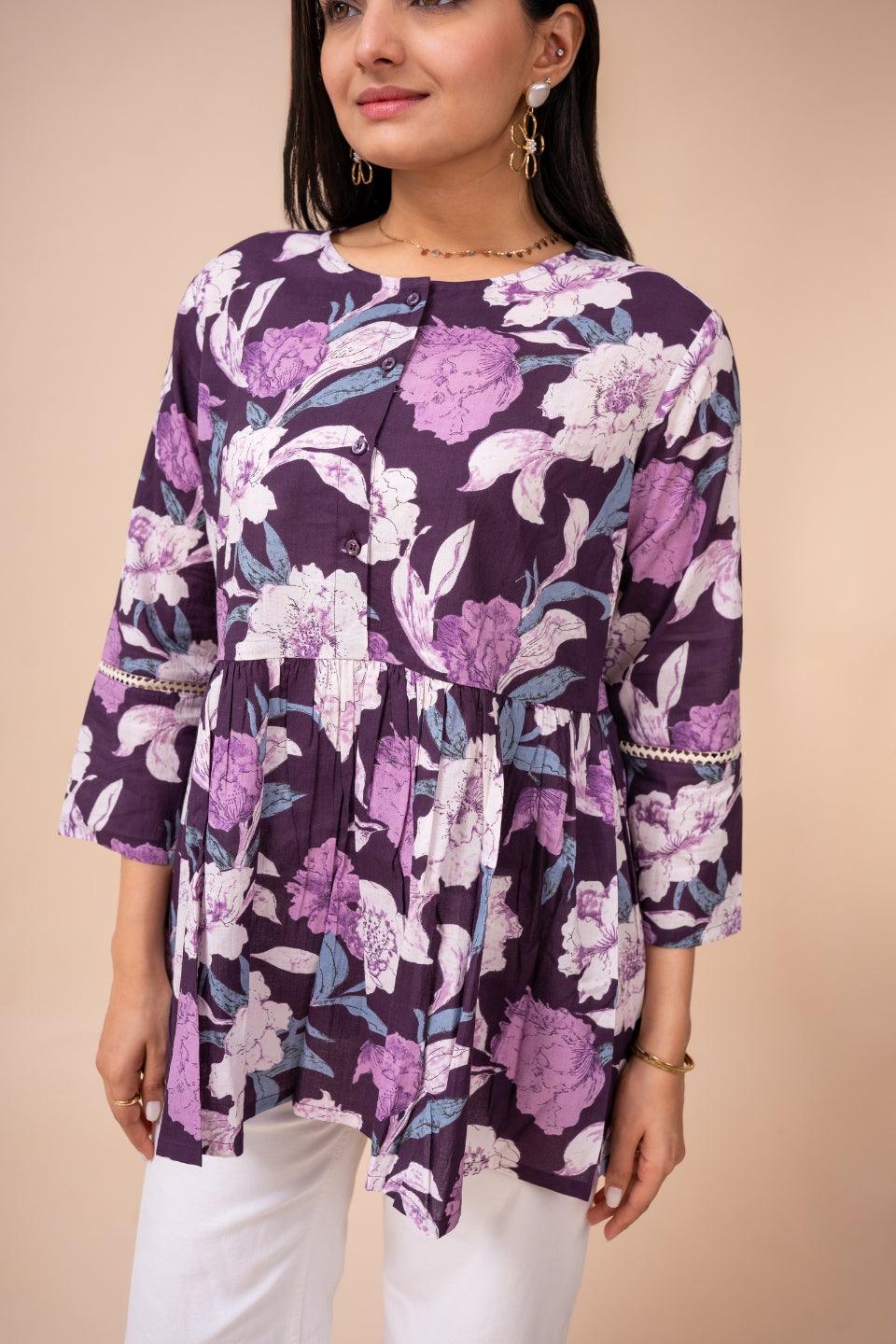 Ekisha's women dark purple floral printed cotton tunic top short kurti - Ekisha