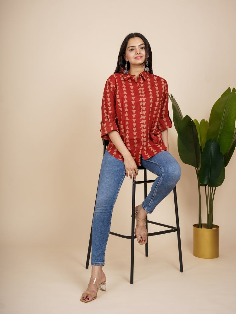 Ekisha Women cotton maroon triangle printed relaxed fit shirt, front view 2