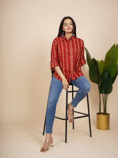 Ekisha Women cotton maroon triangle printed relaxed fit shirt, front view 2