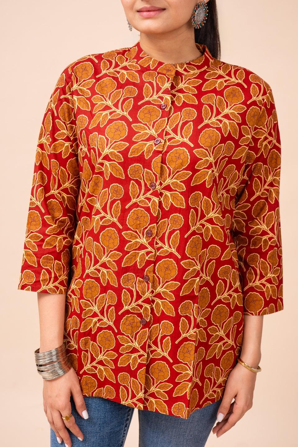 Ekisha's women maroon floral multicolor designer printed cotton tunic top short kurti - Ekisha