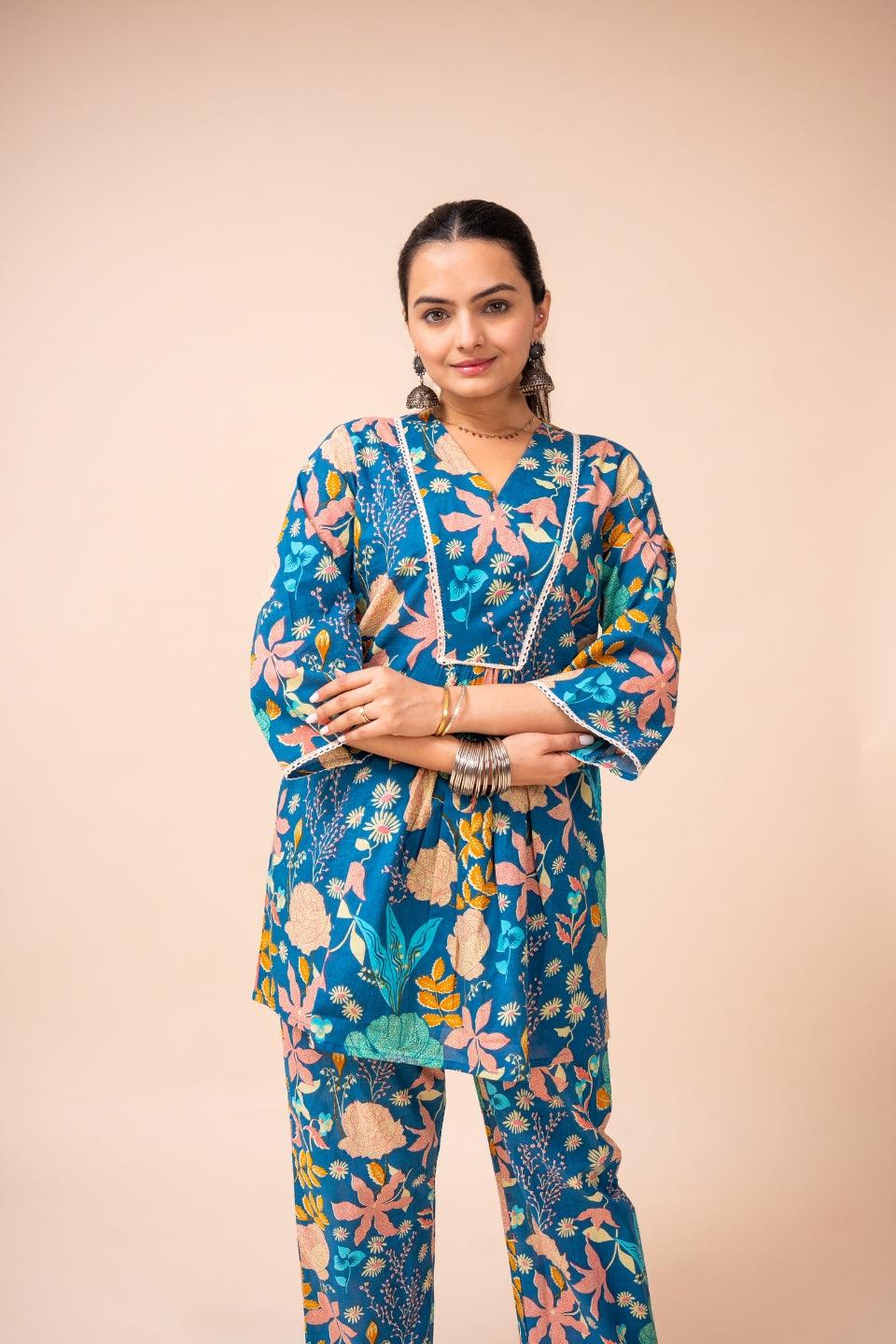 Ekisha's women blue multicolor floral printed cotton co-ord set lounge wear - Ekisha