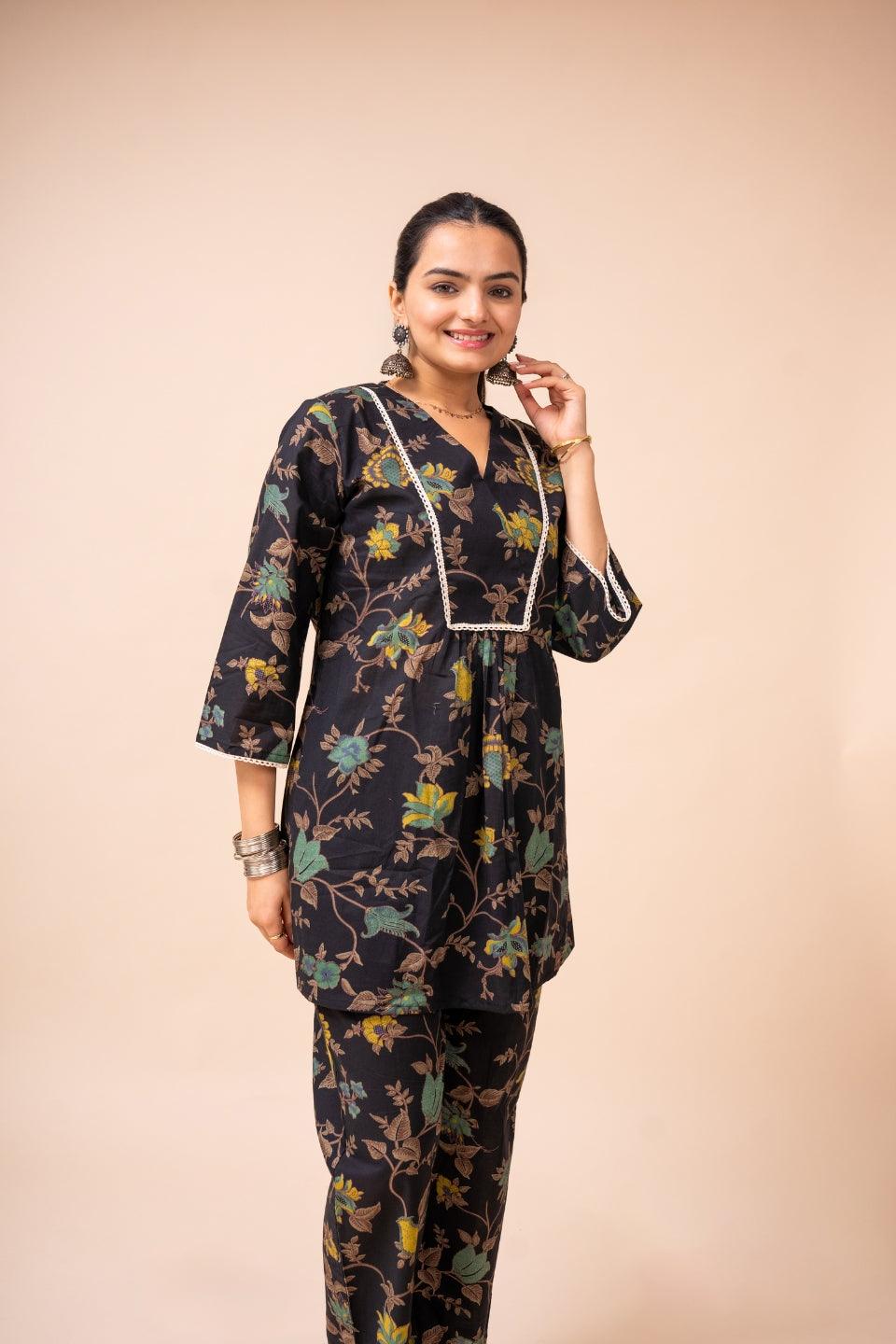 Ekisha's women black multicolor floral printed cotton co-ord set lounge wear - Ekisha