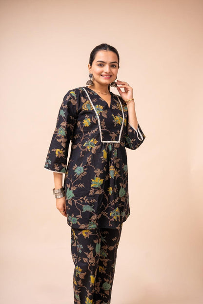 Ekisha's women black multicolor floral printed cotton co-ord set lounge wear - Ekisha