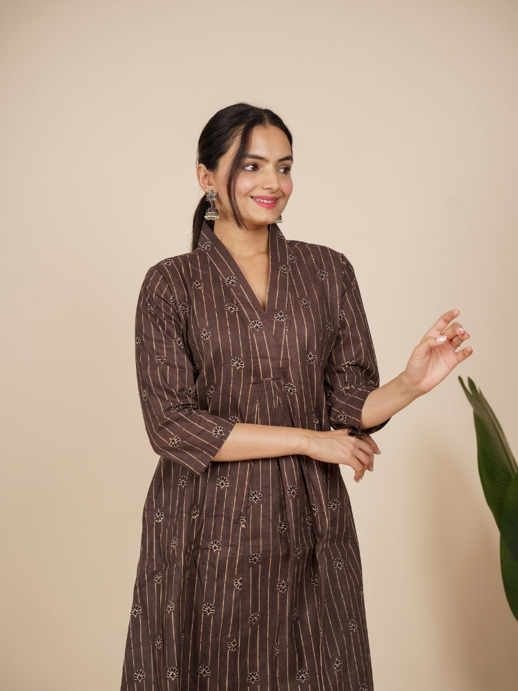 Ekisha's women brown designer floral printed cotton co-ord set lounge wear, side view