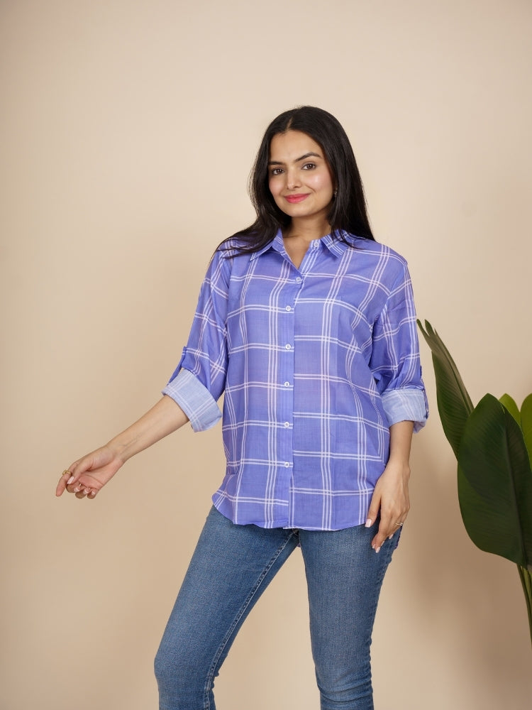 Ekisha Women cotton purple checks printed relaxed fit shirt, side view 2
