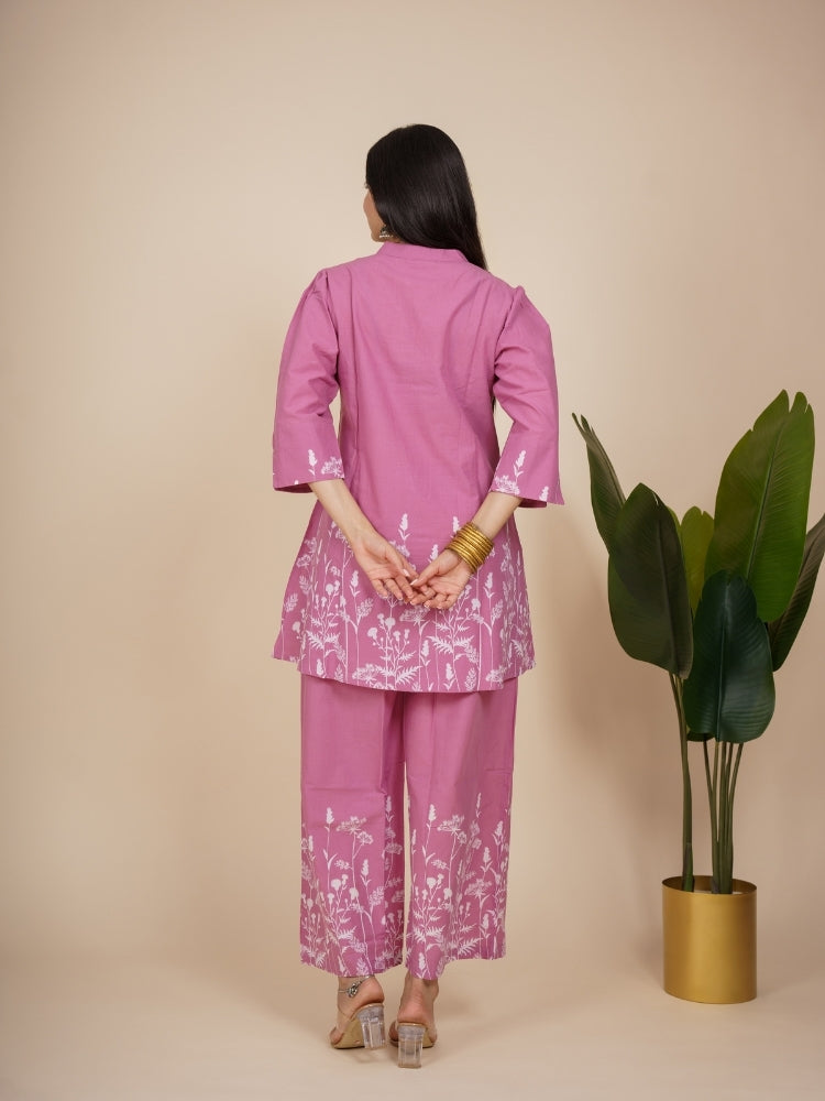 Ekisha's women pink panel floral printed cotton co-ord set lounge wear, back view