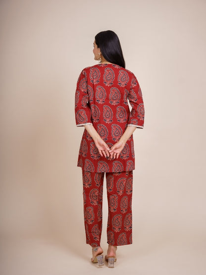Ekisha's women maroon designer ajrak printed cotton co-ord set lounge wear