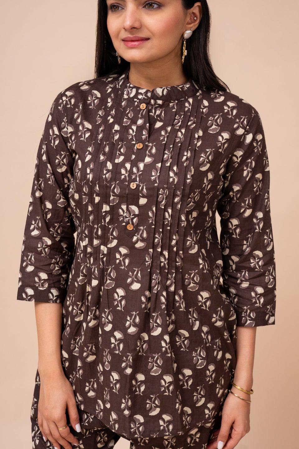 Ekisha's women brown multicolor floral printed cotton co-ord set lounge wear - Ekisha