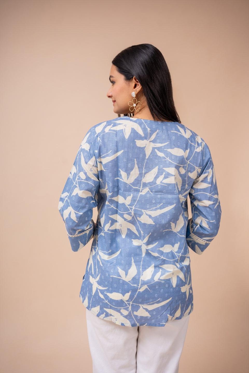 Ekisha's women blue white floral designer printed cotton tunic top short kurti - Ekisha