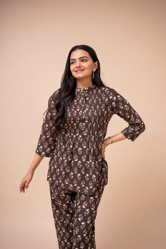 Ekisha's women brown multicolor floral printed cotton co-ord set lounge wear - Ekisha