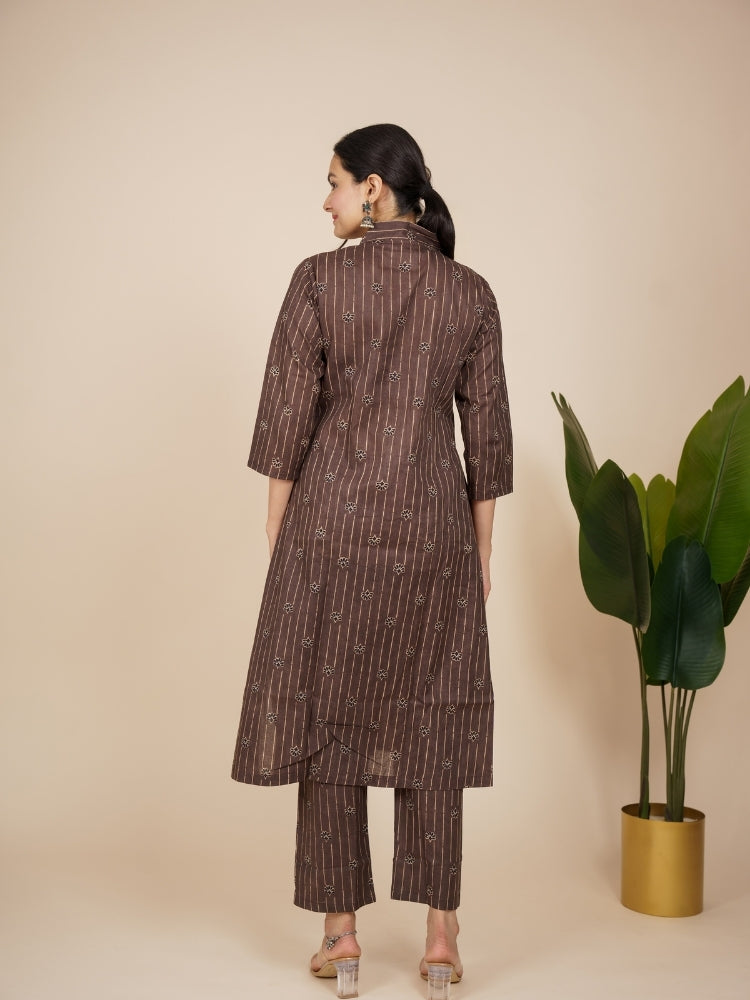 Ekisha's women brown designer floral printed cotton co-ord set lounge wear, back view