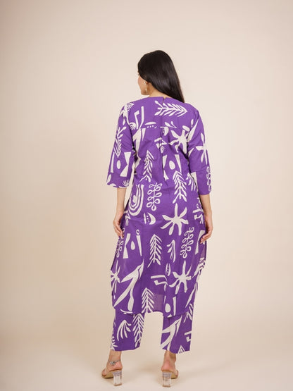 Ekisha's women purple designer abstract printed cotton co-ord set lounge wear, back view
